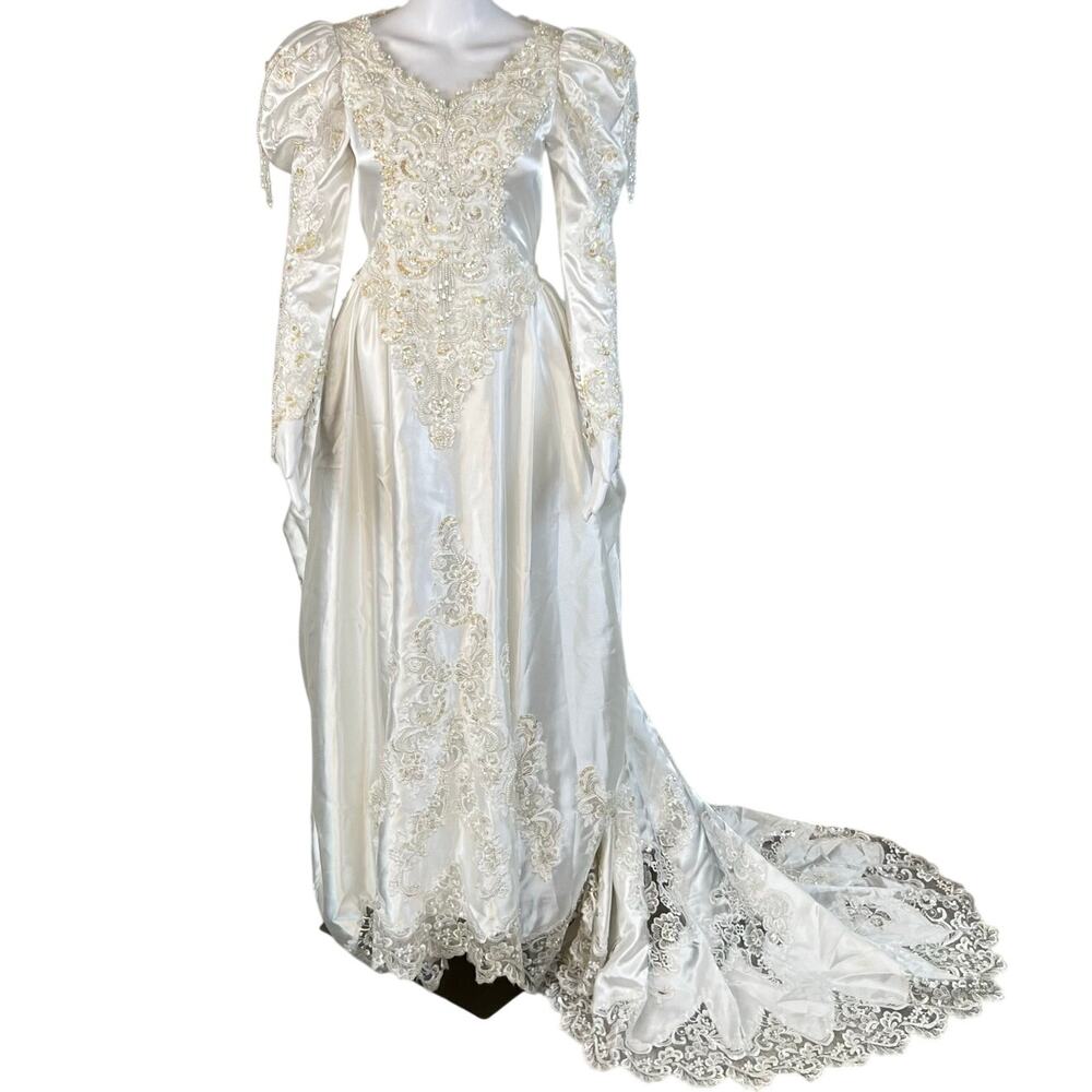 Vintage Private Label by G Beaded Satin Lace Train Long Sleeve Wedding Dress 4